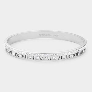 Silver Roman Numeral Rhinestone Stainless Steel Bangle Bracelet